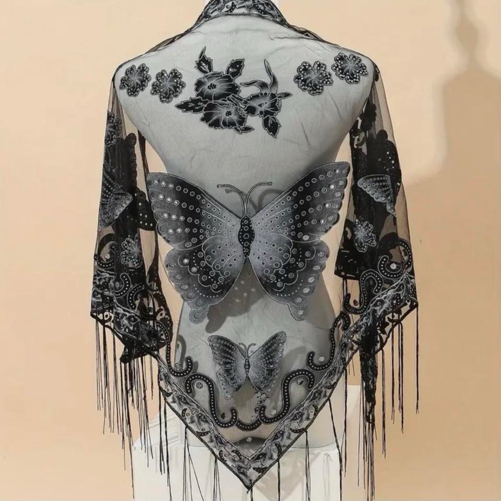 Elegant Black Sheer Butterfly Shawl Scarf